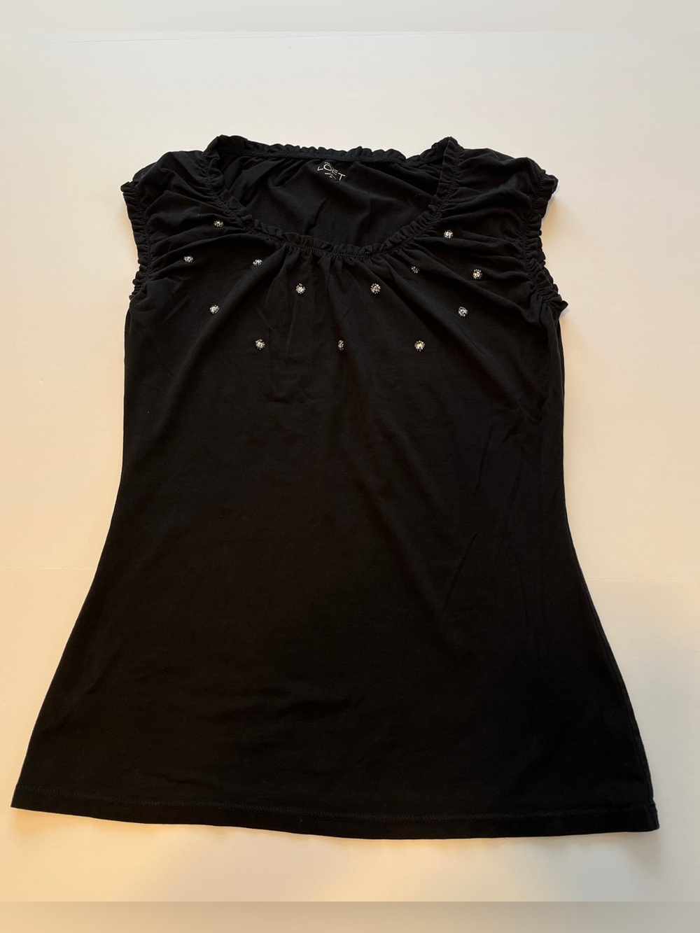 Ann Taylor Loft Black Embellished Cap-Sleeve Women's Top size M Cotton Blend
